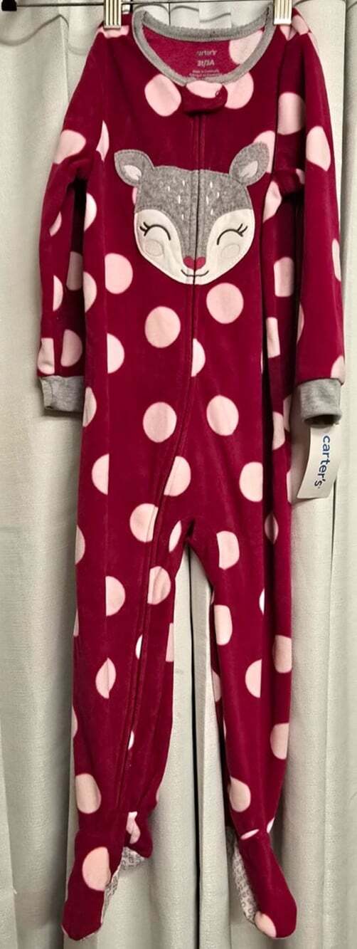Carter's Girls 3T Footed Fleece One-Piece Sleeper Zip Deer Polka Dot Burgundy